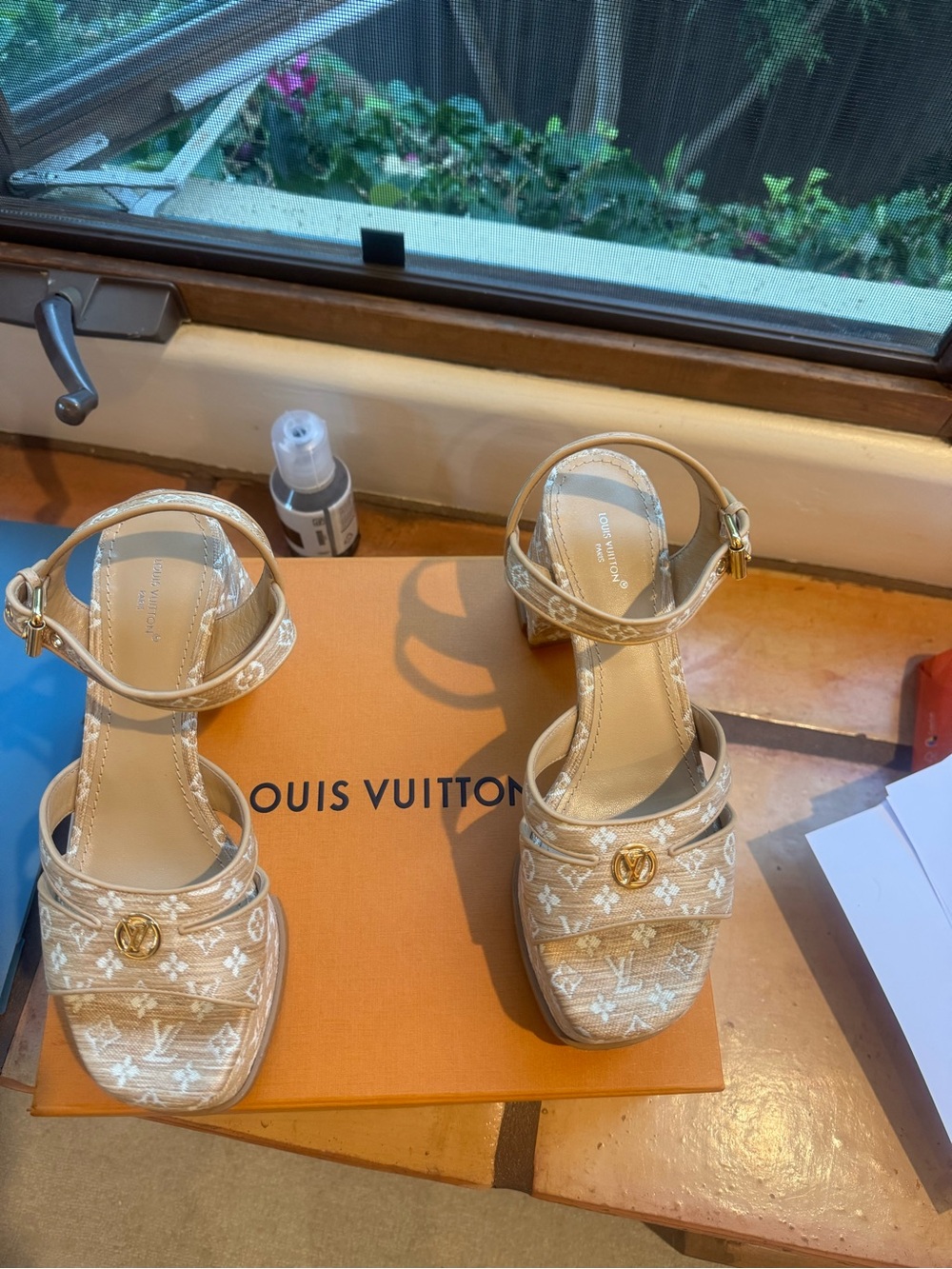 Louis Vuitton Beige Monogram Platform Ankle-Strap Sandals